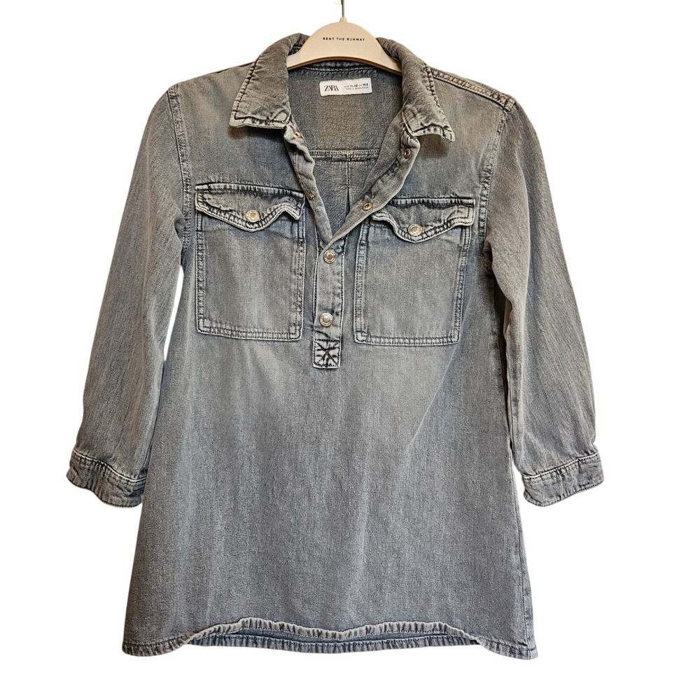 Zara Kids Grey Denim Tunic Dress Girls 11-12 Faded Wash Long Sleeve Button‎ Up
